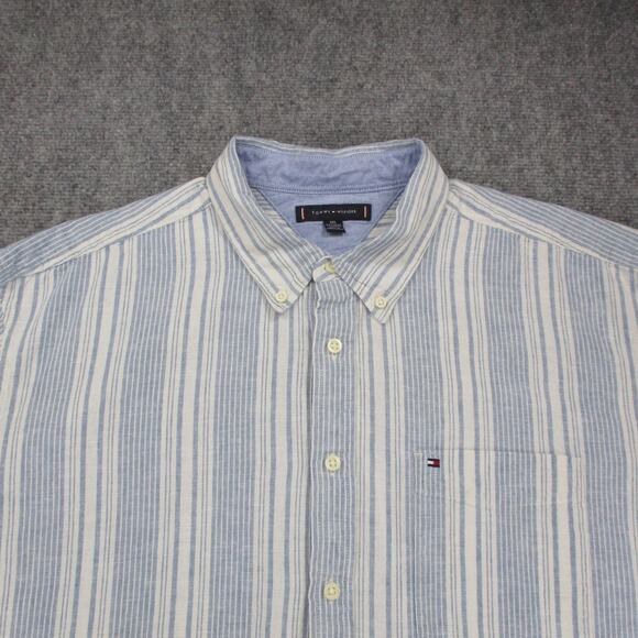 Tommy Hilfiger Shirt Mens 2XL Blue White Striped Linen Blend Short Sleeve Button - Picture 9 of 16
